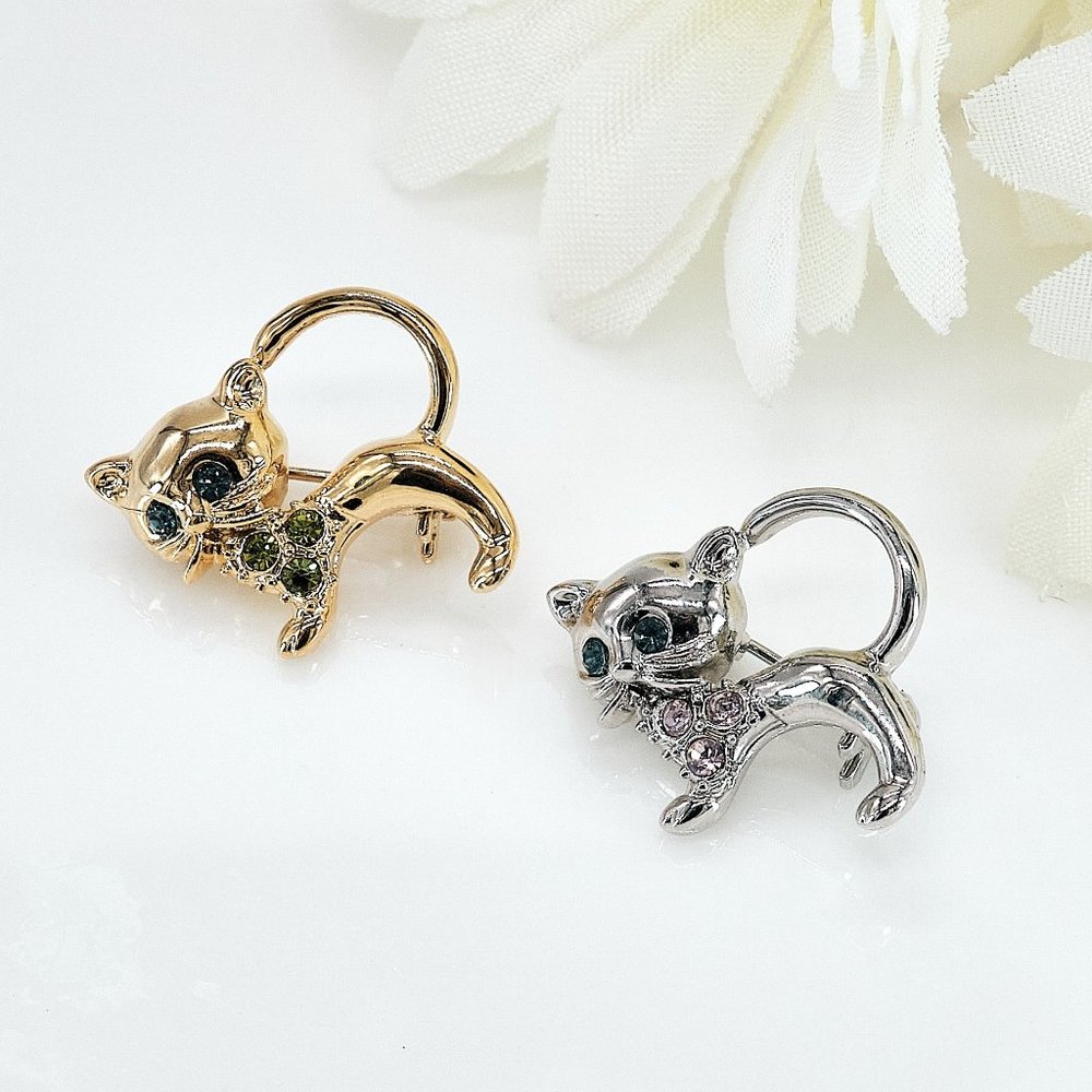 Vintage Brooch Pin Set of 2, Tiny Cats w/Rhinestones, Unique Cat Lovers Gift